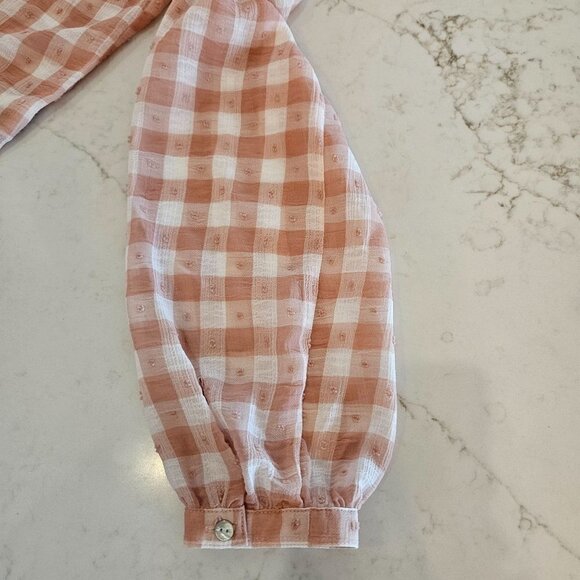 Nanette Lepore Size Small Tie V-Neck Soft Gingham Peach Swiss Dot L/S Blouse - Picture 13 of 13